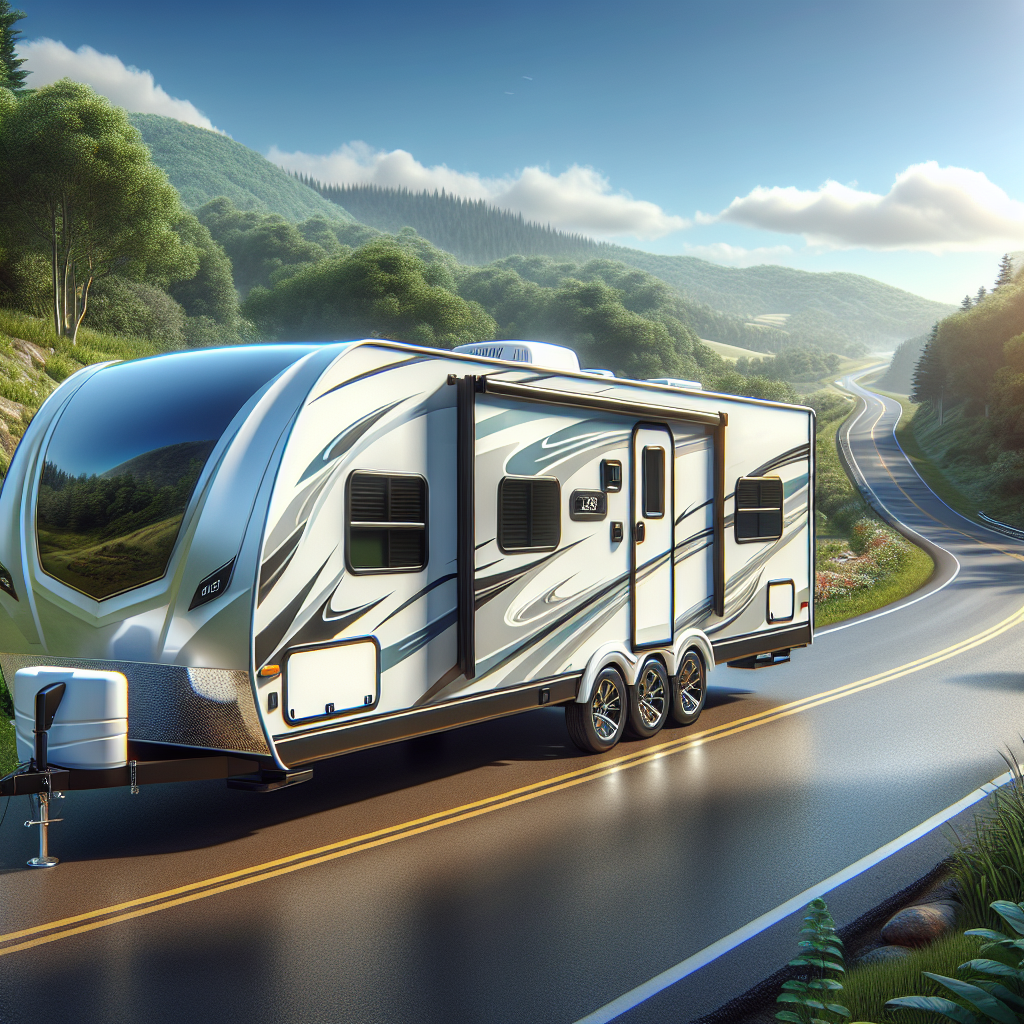 A travel trailer parked on a scenic highway with clear skies and green landscapes.