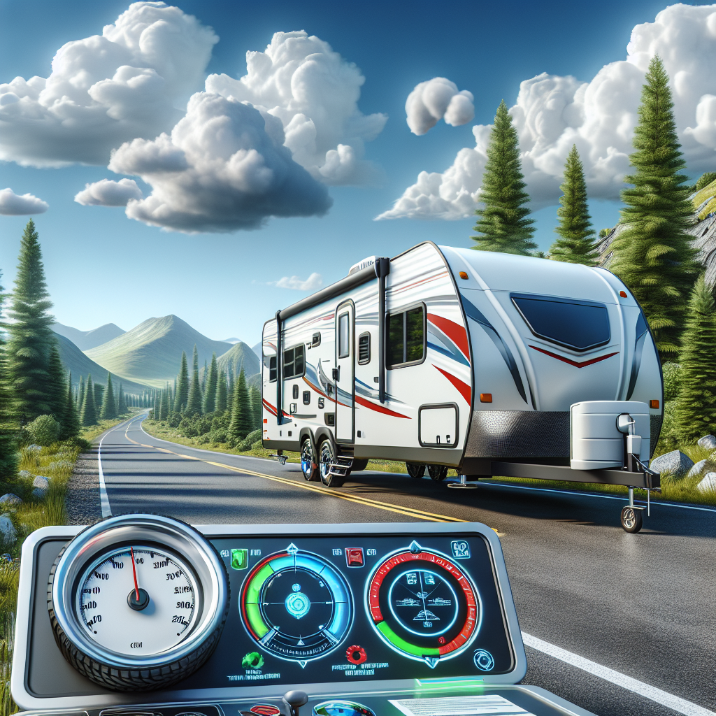 A travel trailer parked with a scenic landscape in the background, highlighting tire safety.
