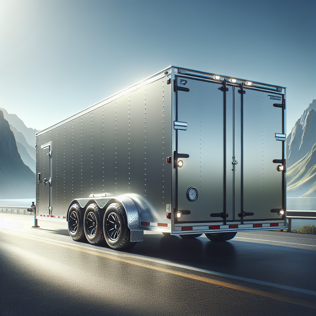 A trailer parked on a highway with visible tires and mountains in the background.