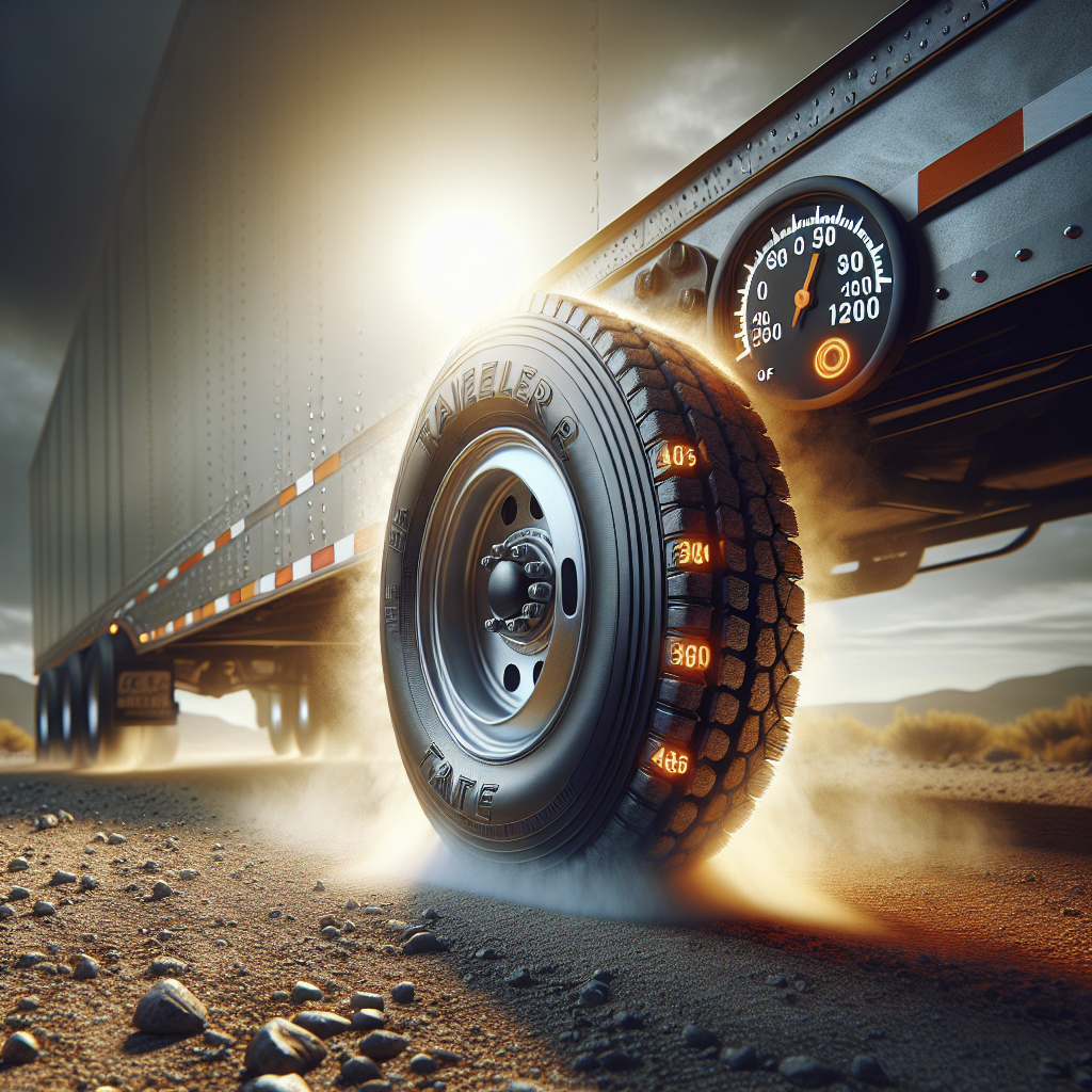 A close-up of a trailer tire on a gravel road with a visible temperature gauge.