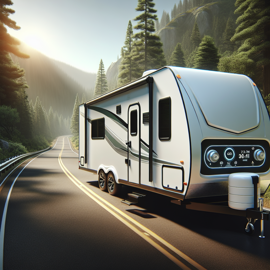 A travel trailer with a prominent tire pressure monitoring system displayed on its dashboard, set on a scenic road.
