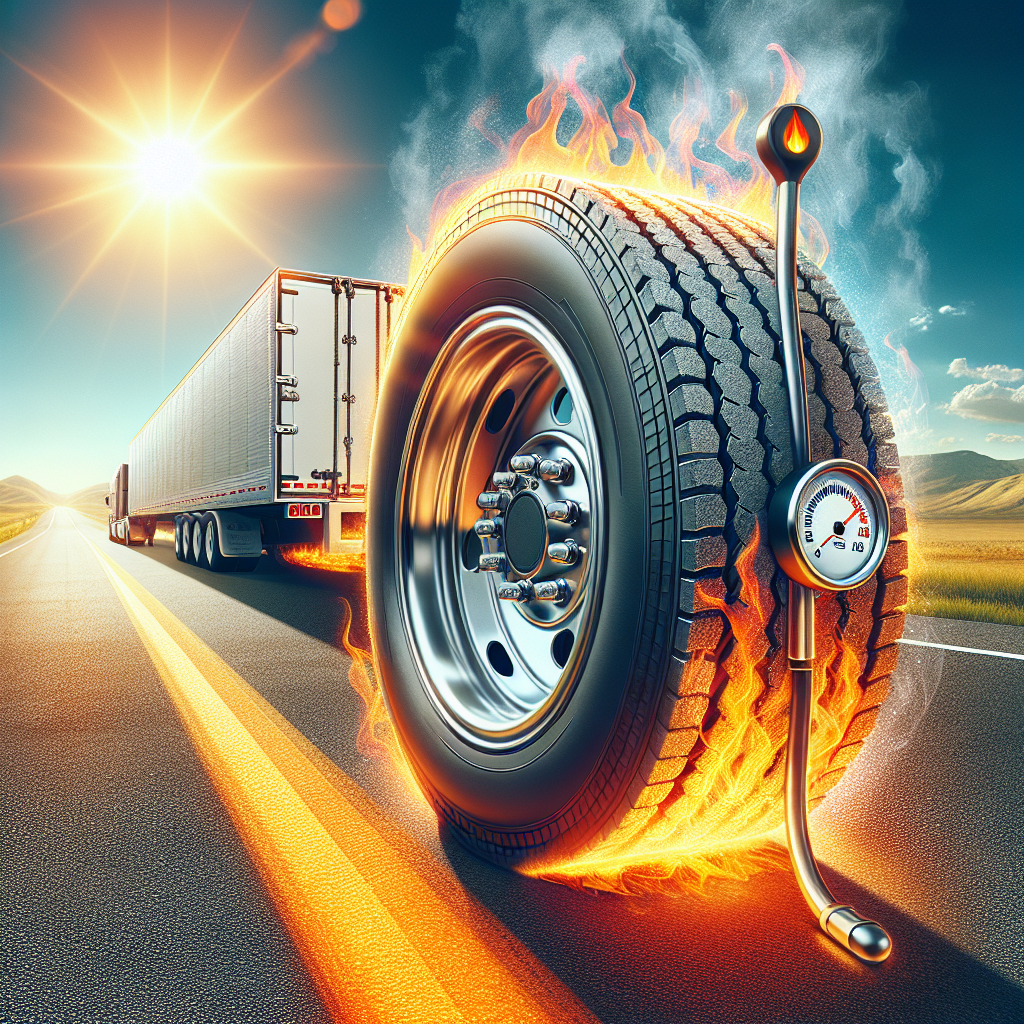 A trailer tire on a hot asphalt road with heat waves visible, emphasizing the importance of tire temperature management.