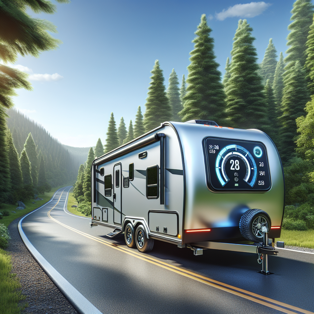 A modern trailer on a scenic road, showing tire pressure monitoring system details.