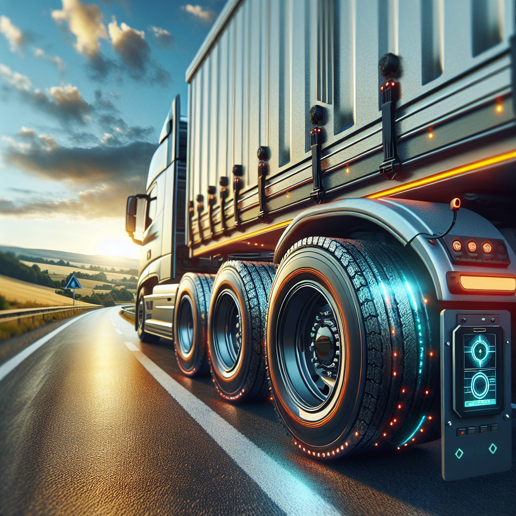 A trailer on the road highlighting its tire monitoring system.