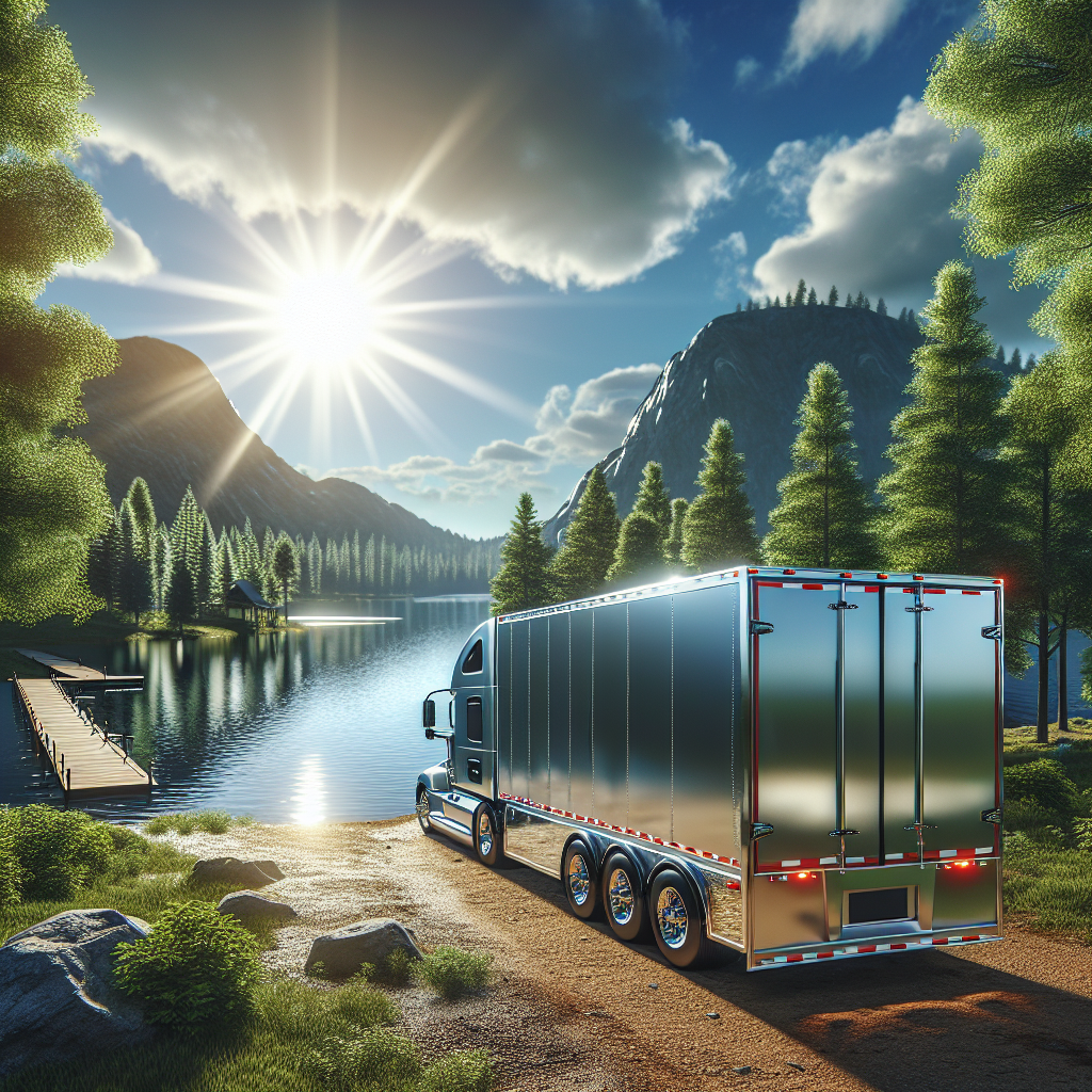 A trailer with a Tire Pressure Monitoring System parked by a beautiful lake with a clear sky.