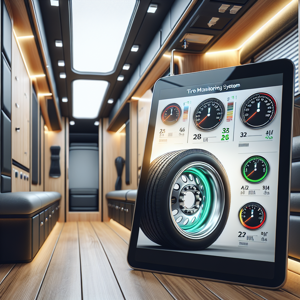 A tire monitoring system displayed on a tablet inside a trailer, showcasing tire pressure and temperature gauges.