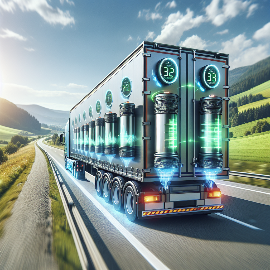 A trailer equipped with tire monitoring sensors on a scenic highway.