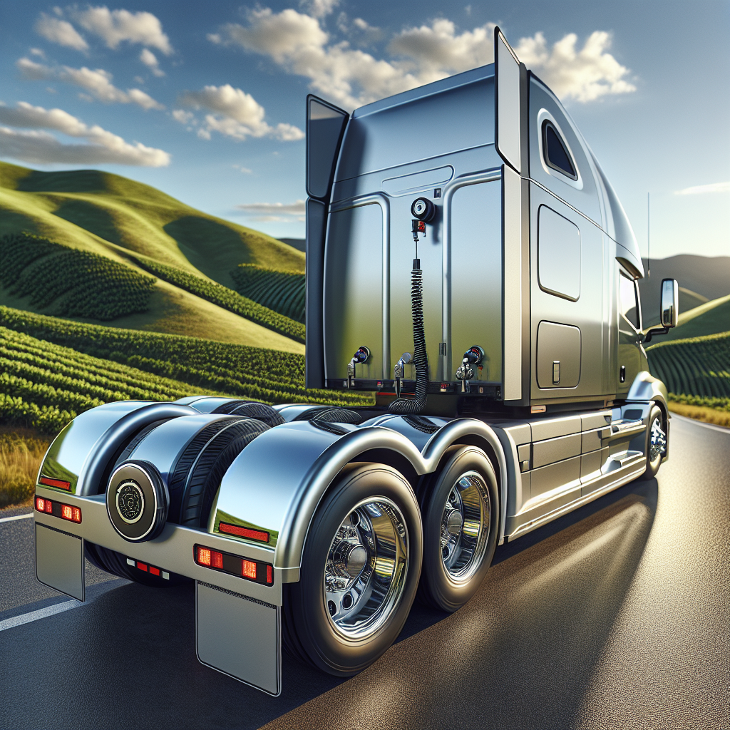 A modern trailer with a tire monitoring system parked on a scenic road.