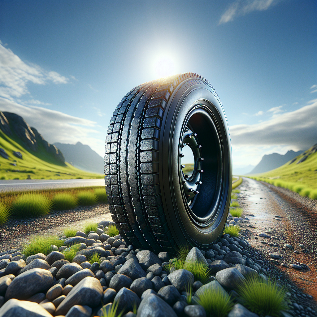 A trailer tire on a gravel road with green grass and a clear sky.