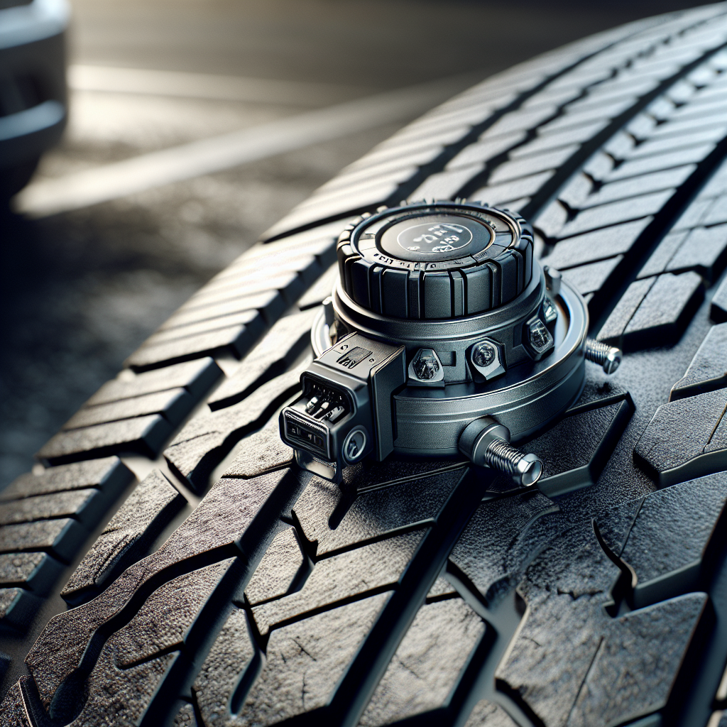 Close-up of a TPMS sensor on a tire, underscoring tire safety.