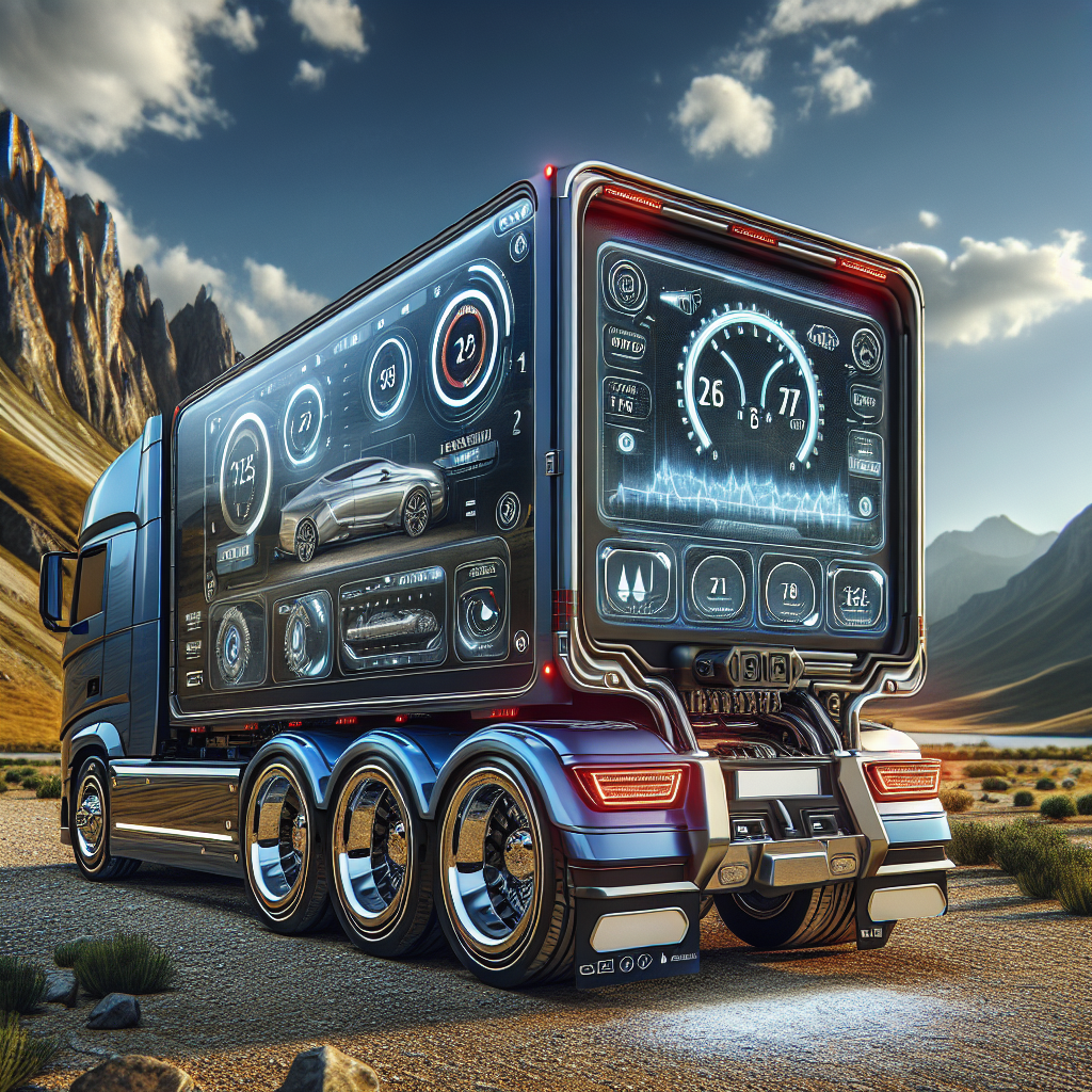 A modern tire monitoring system displayed on a trailer set against a mountainous landscape.