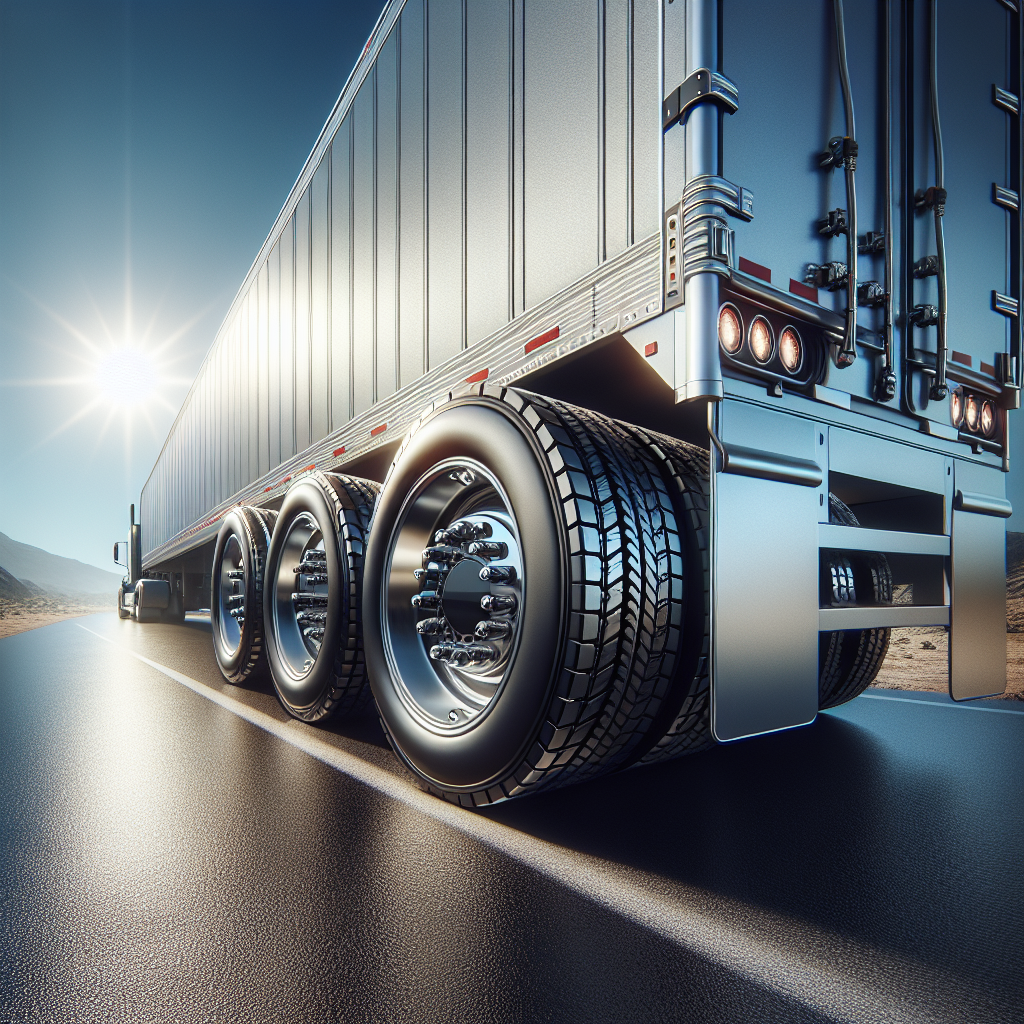 A trailer parked on an asphalt road showcasing its tires and temperature monitoring devices.