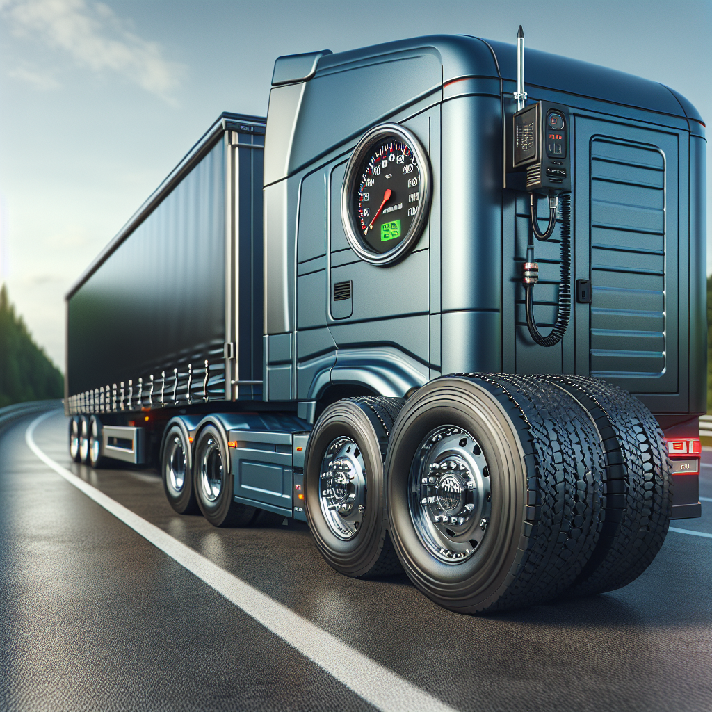 A trailer on a highway with a visible tire monitoring system.