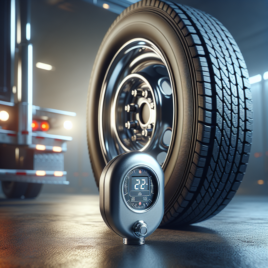 A close-up view of a tire pressure monitoring system sensor next to a black tire.