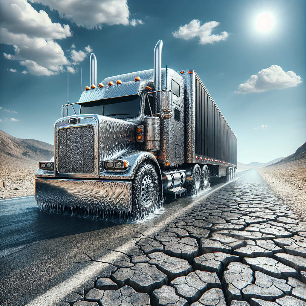 A trailer on a rugged road with its tires showing heat distortion.