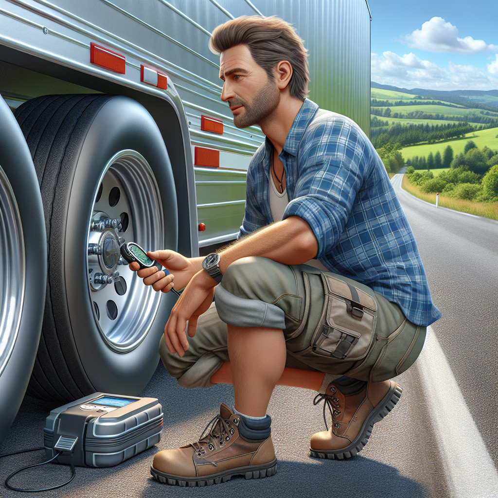 A traveler inspecting a trailer tire with a TPMS device.