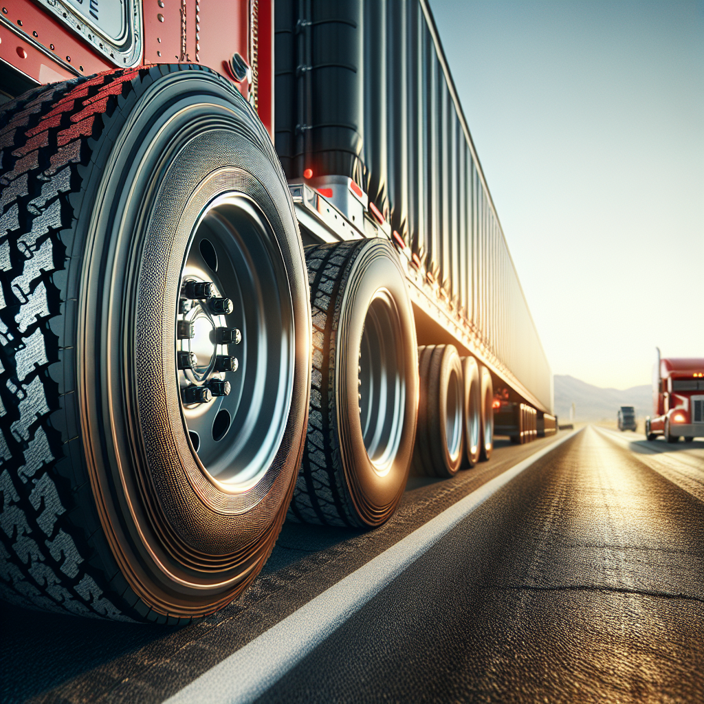 A red truck trailer on a highway with detailed tires, emphasizing tire pressure importance.