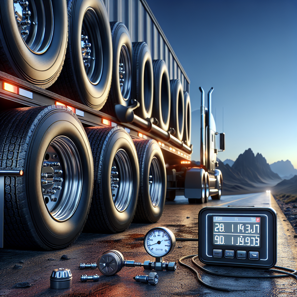 A tire pressure monitoring system on a trailer with a digital gauge and open road scenery.