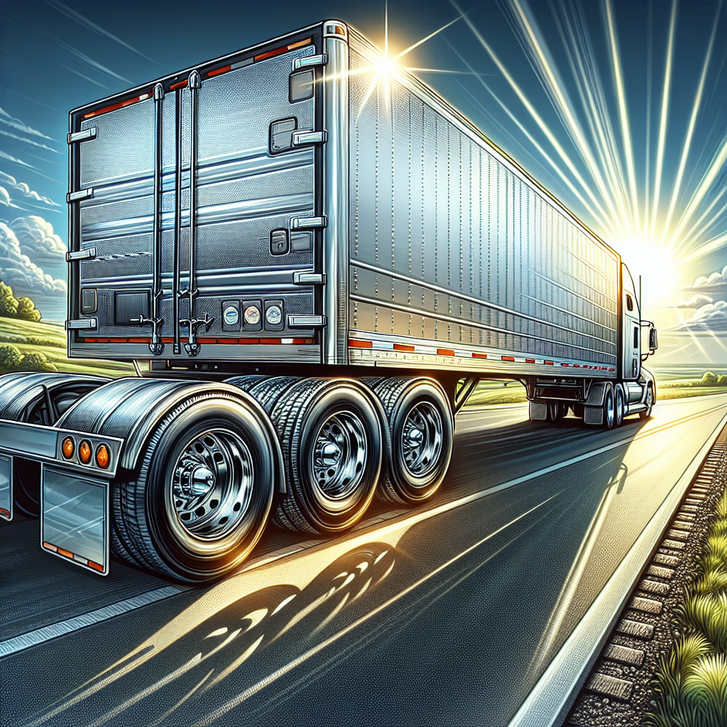 A truck trailer on a highway with visible well-maintained tires.