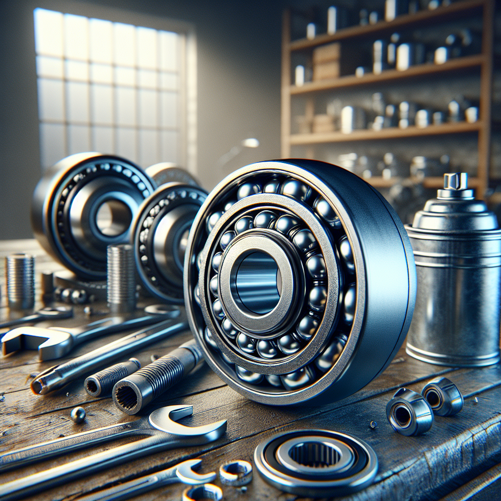 Realistic image of trailer wheel bearings on a workbench surrounded by tools.