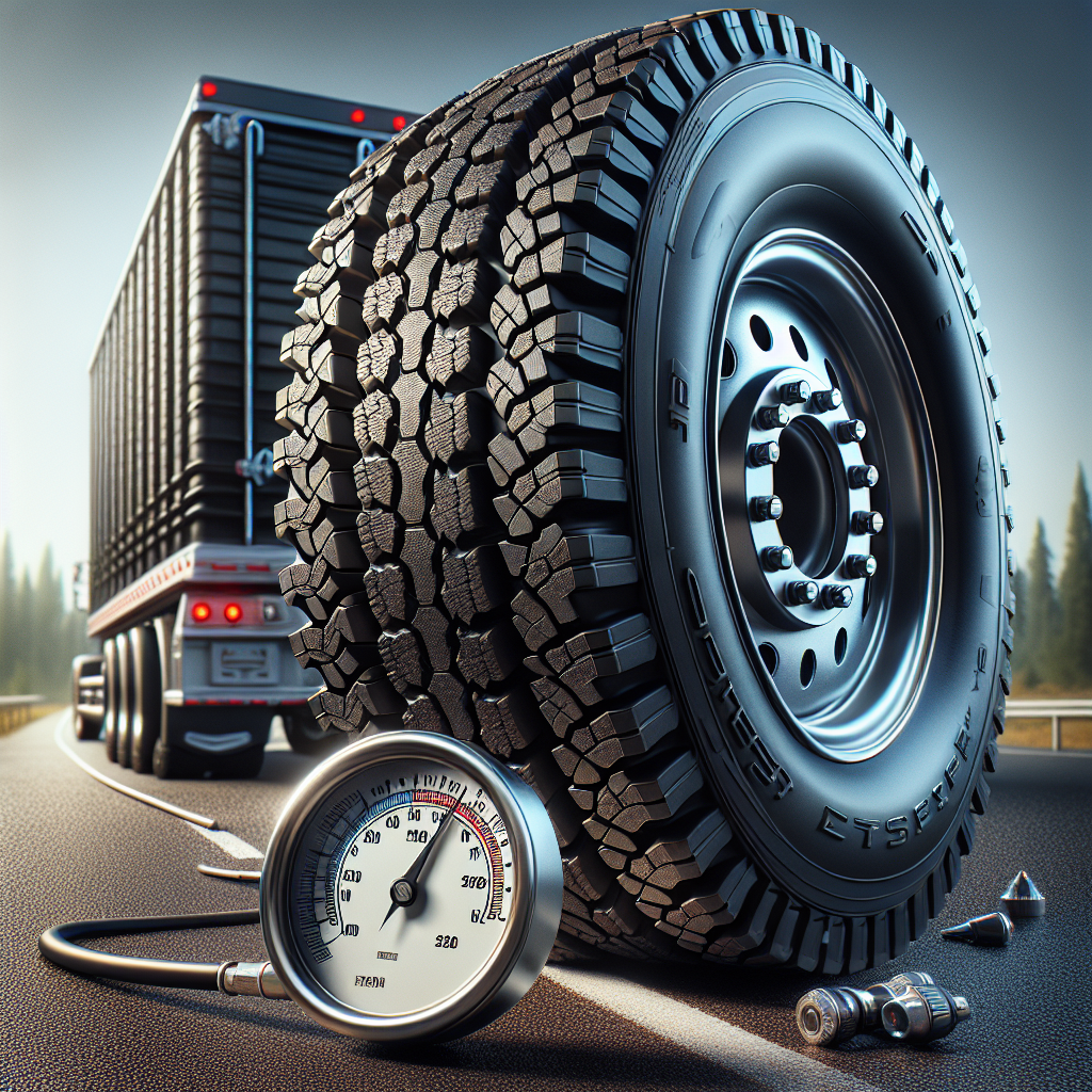 A close-up of a trailer tire and a pressure monitoring gauge on a blurred road background.