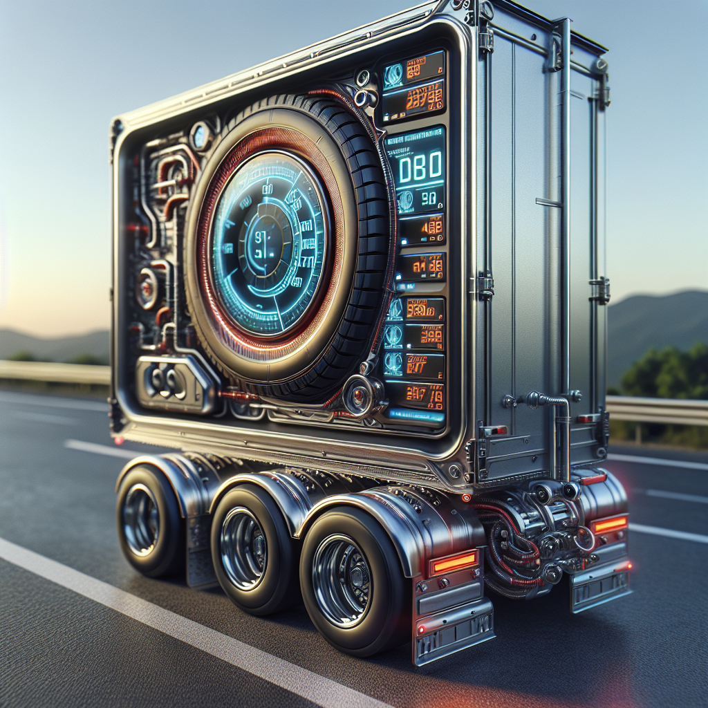 A tire pressure monitoring system (TPMS) for trailers displayed on a digital screen, set against a highway backdrop.