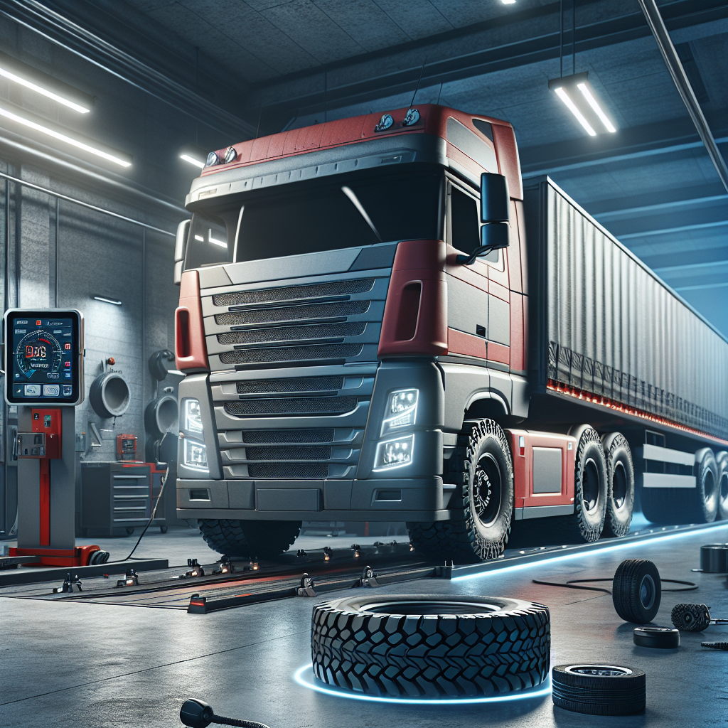 A truck trailer at a maintenance station, showcasing rugged tires and a digital tire pressure monitoring system.