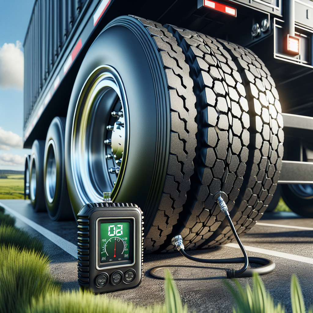 A truck trailer tire with a digital pressure monitor displayed, set against a highway backdrop.