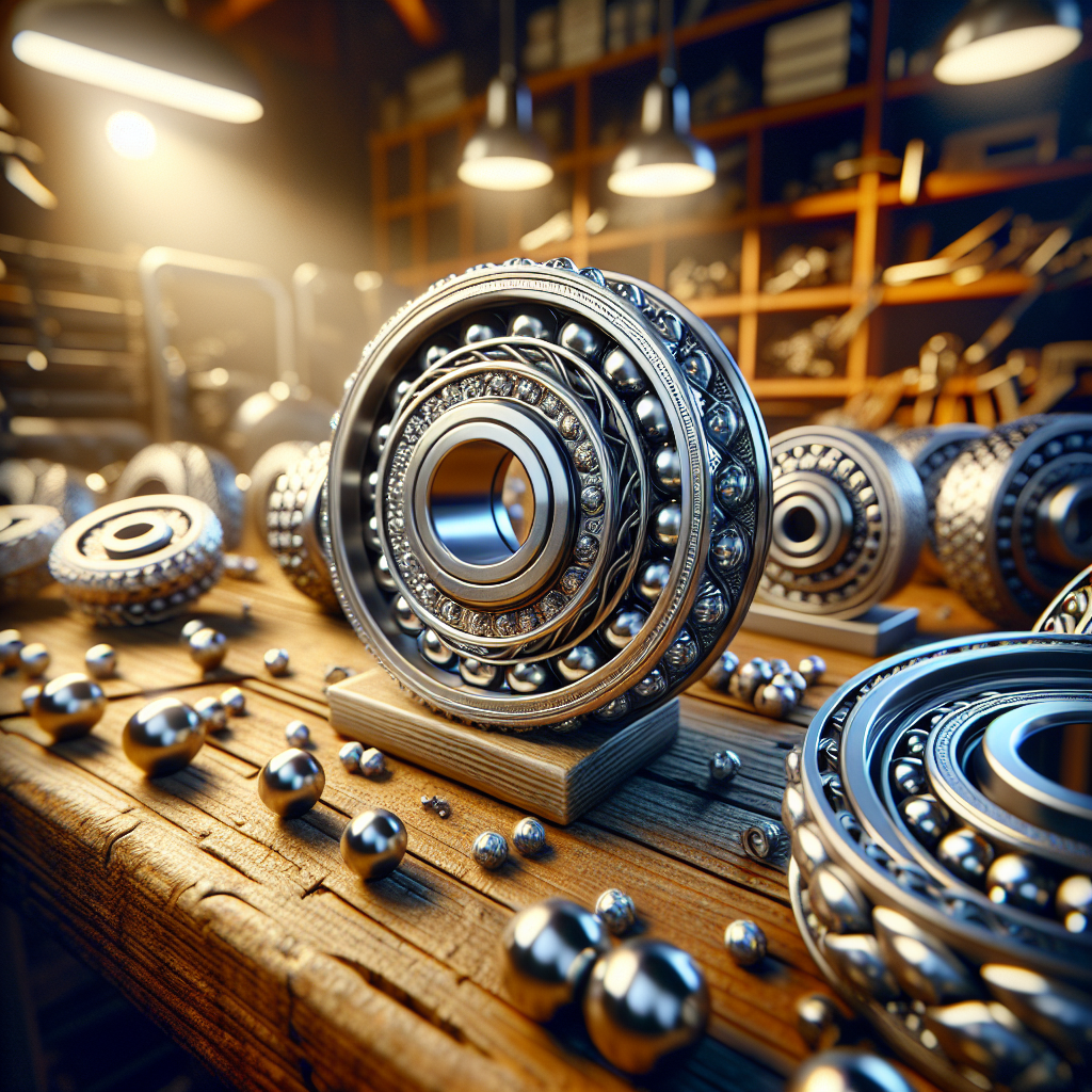 A close-up of trailer wheel bearings on a workbench in a mechanical workshop.