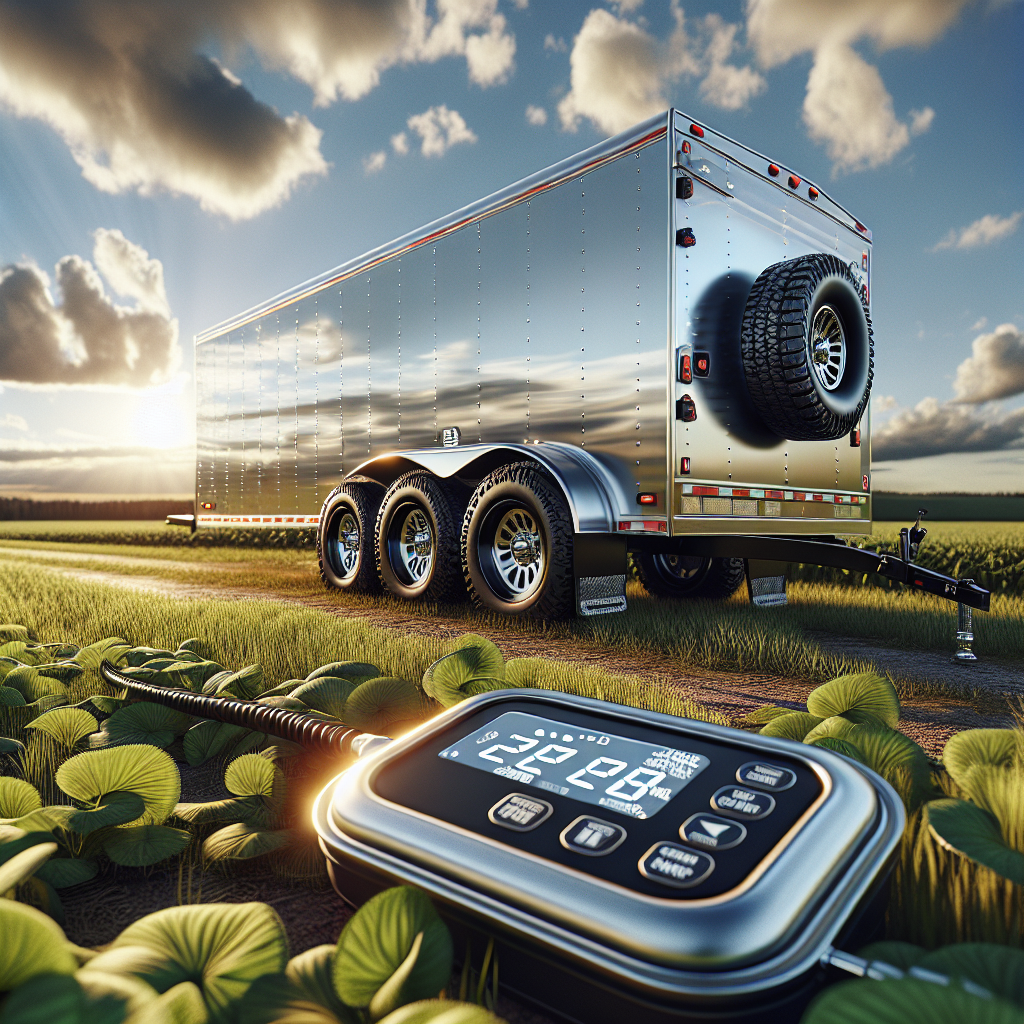 A trailer parked in a green landscape with focus on tires and a tire pressure monitor.