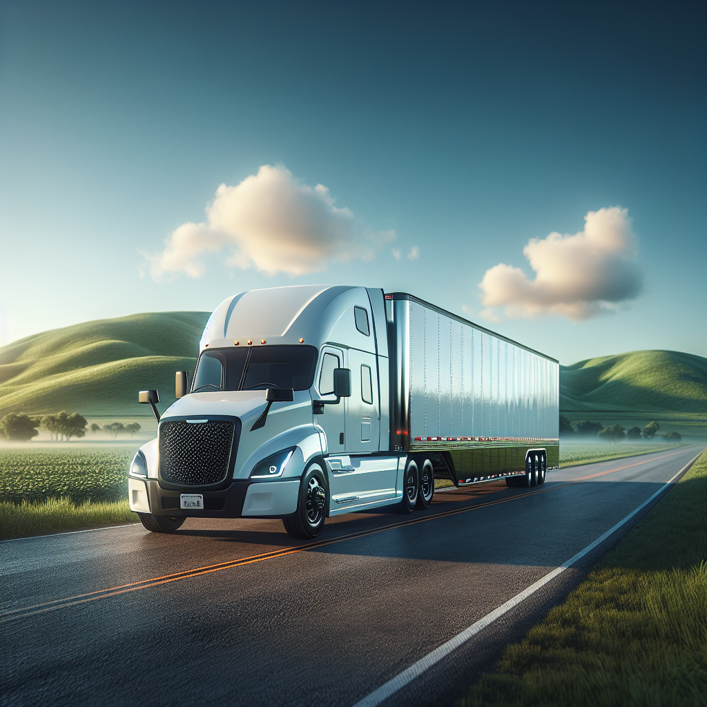 A trailer with well-maintained tires parked on a roadside, surrounded by a green landscape and blue sky.