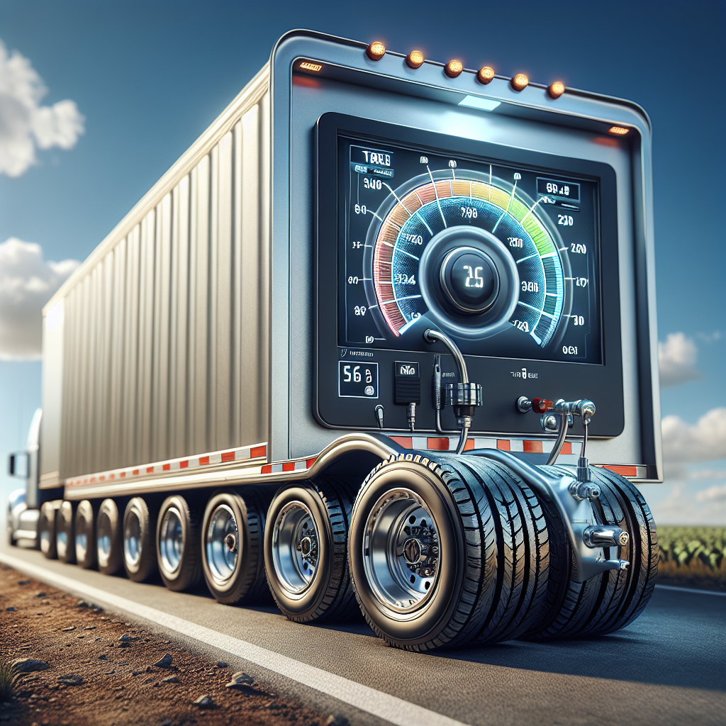 A tire pressure monitoring system on a trailer with a detailed view of the tires and rural landscape.