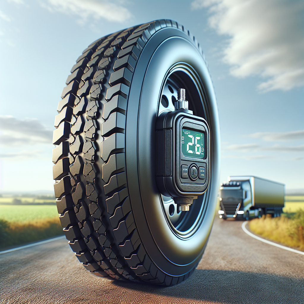 Close-up view of a trailer tire and tire pressure monitor on a blurred road background.