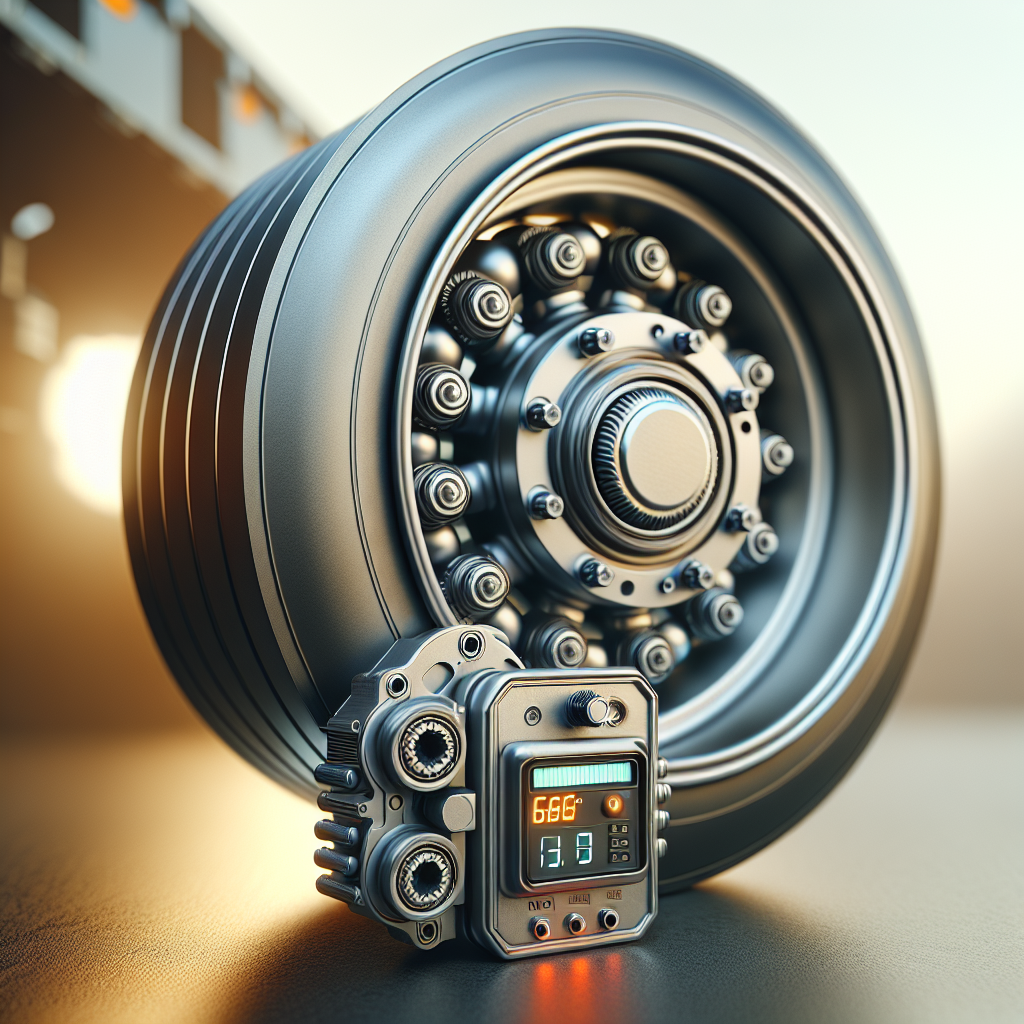 A realistic view of a trailer wheel and bearing with a temperature monitoring device.