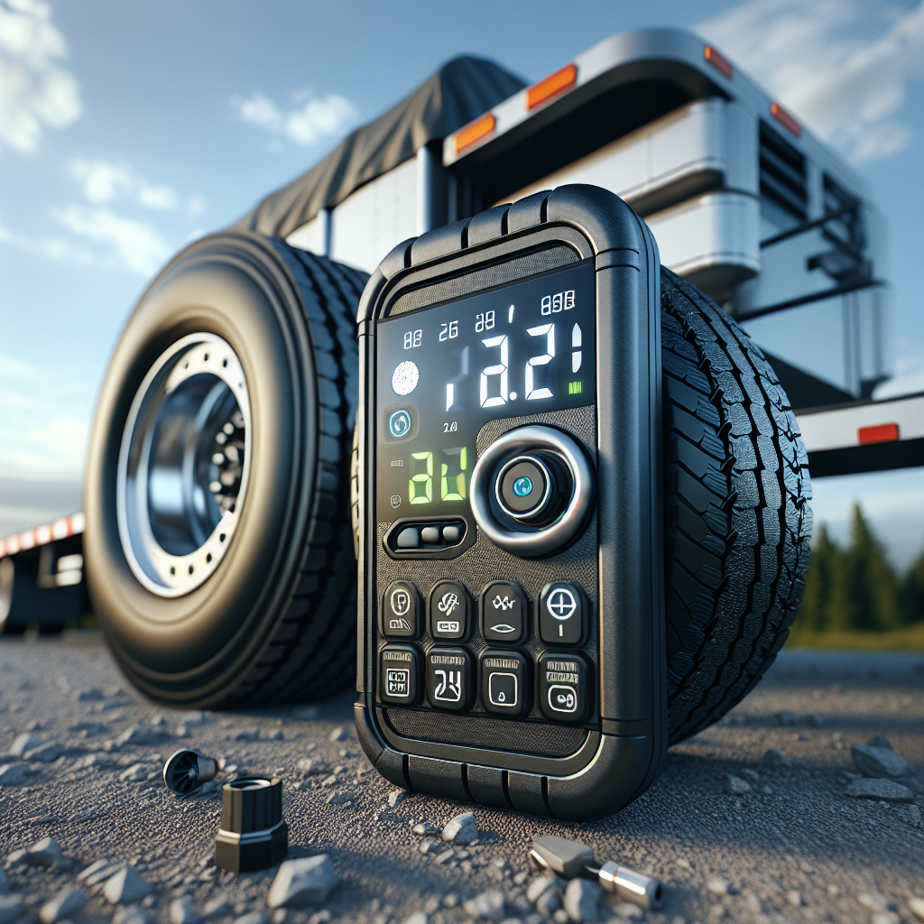 A tire pressure monitoring system installed on a trailer tire.