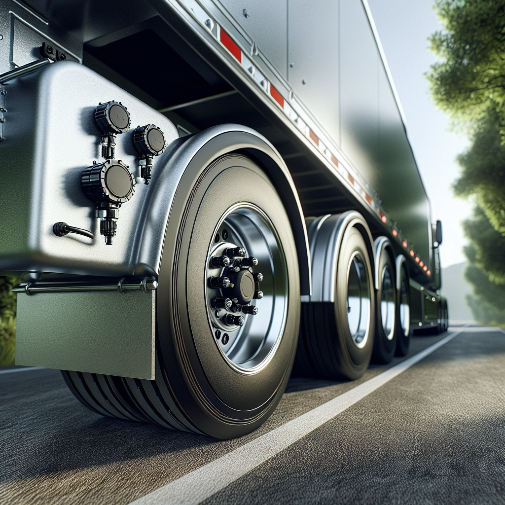 A close-up view of a tire pressure monitoring system on a trailer parked on an asphalt road.