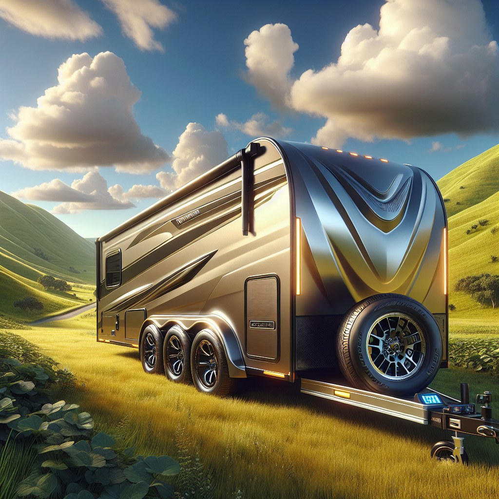 A trailer parked in the countryside with a focus on its tires and a tire pressure monitor.