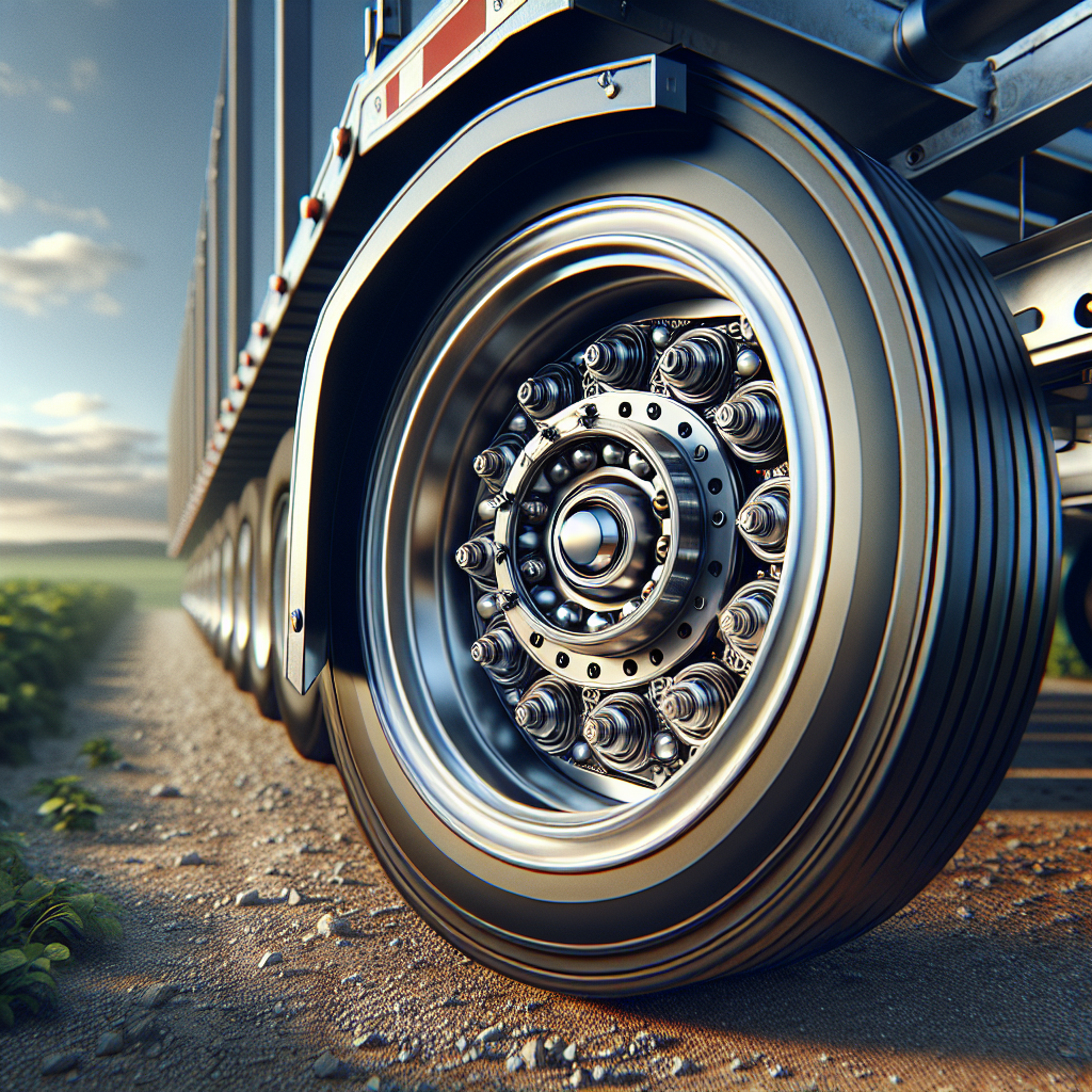 Close-up of trailer bearings on a gravel road with green fields in the background.