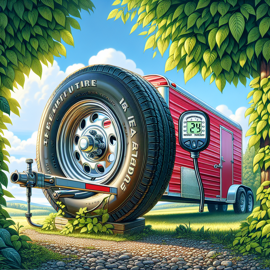 A trailer parked in a lush landscape, featuring a tire pressure monitor on its tires.