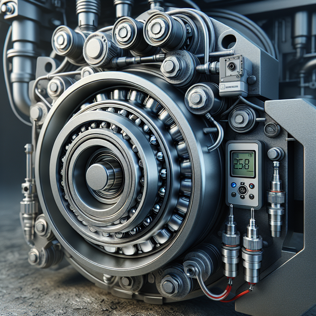 Close-up view of a trailer bearing assembly with temperature monitoring equipment.