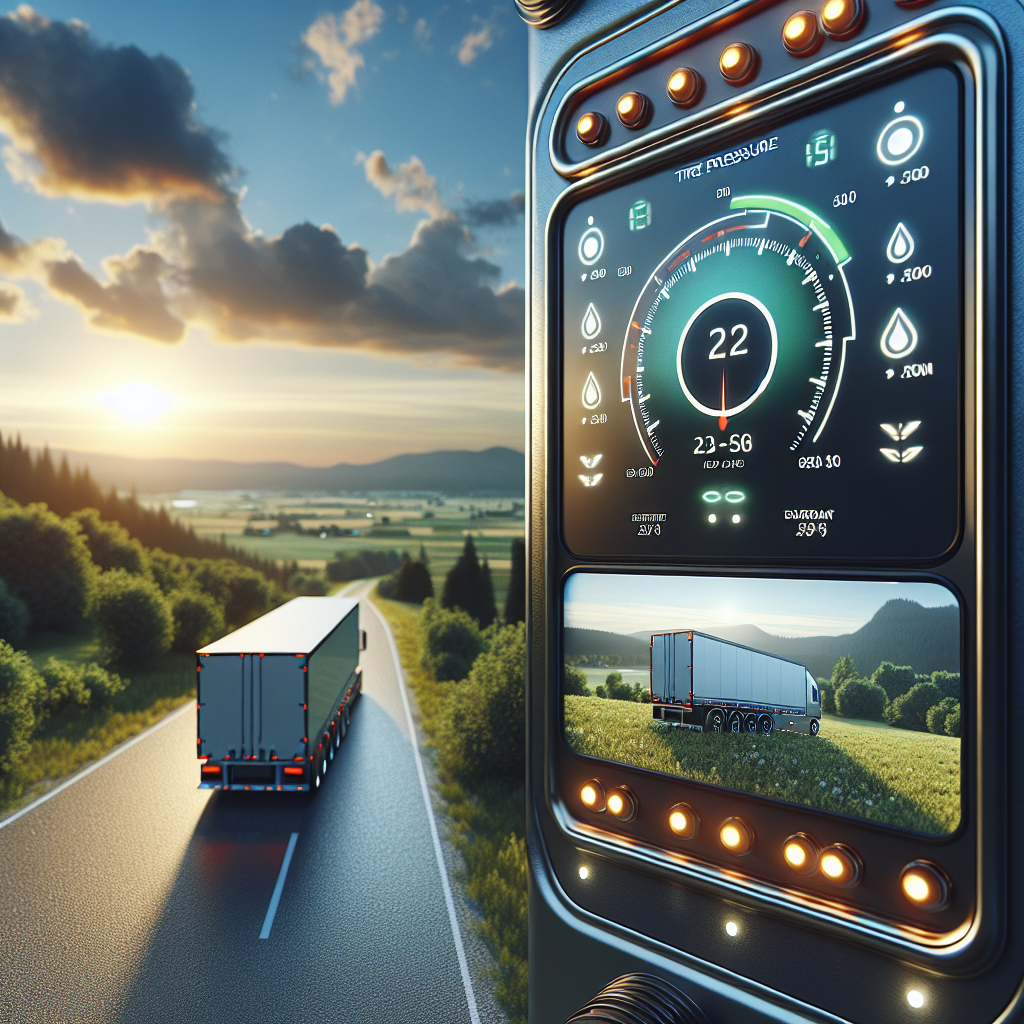 A tire pressure monitoring system displayed on a trailer dashboard with a scenic road background.