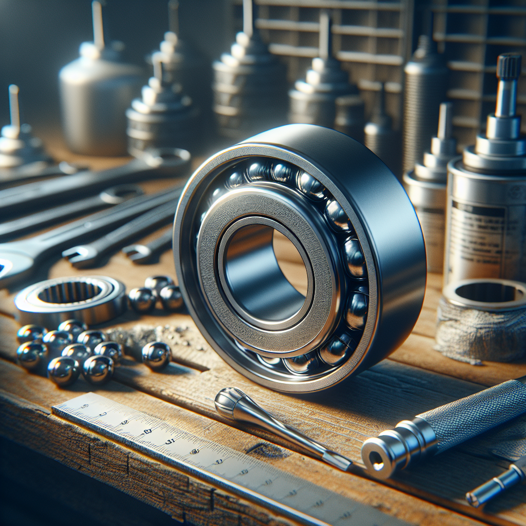 Close-up of a trailer wheel bearing on a workshop bench with tools.