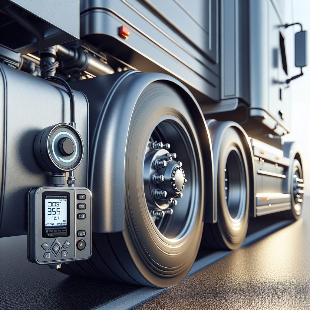 A heavy-duty trailer with a digital temperature monitor on the wheel bearing.