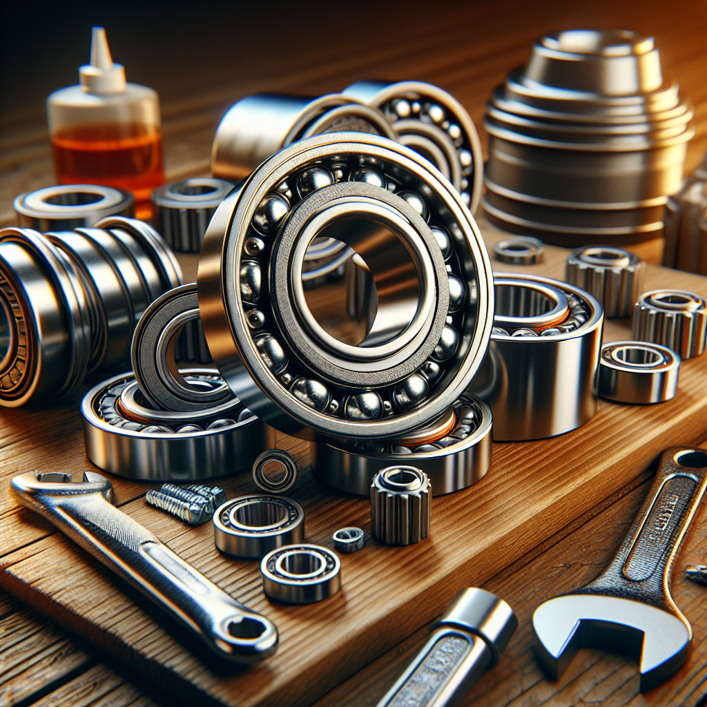 Close-up view of trailer wheel bearings on a workbench, featuring tools and warm lighting.