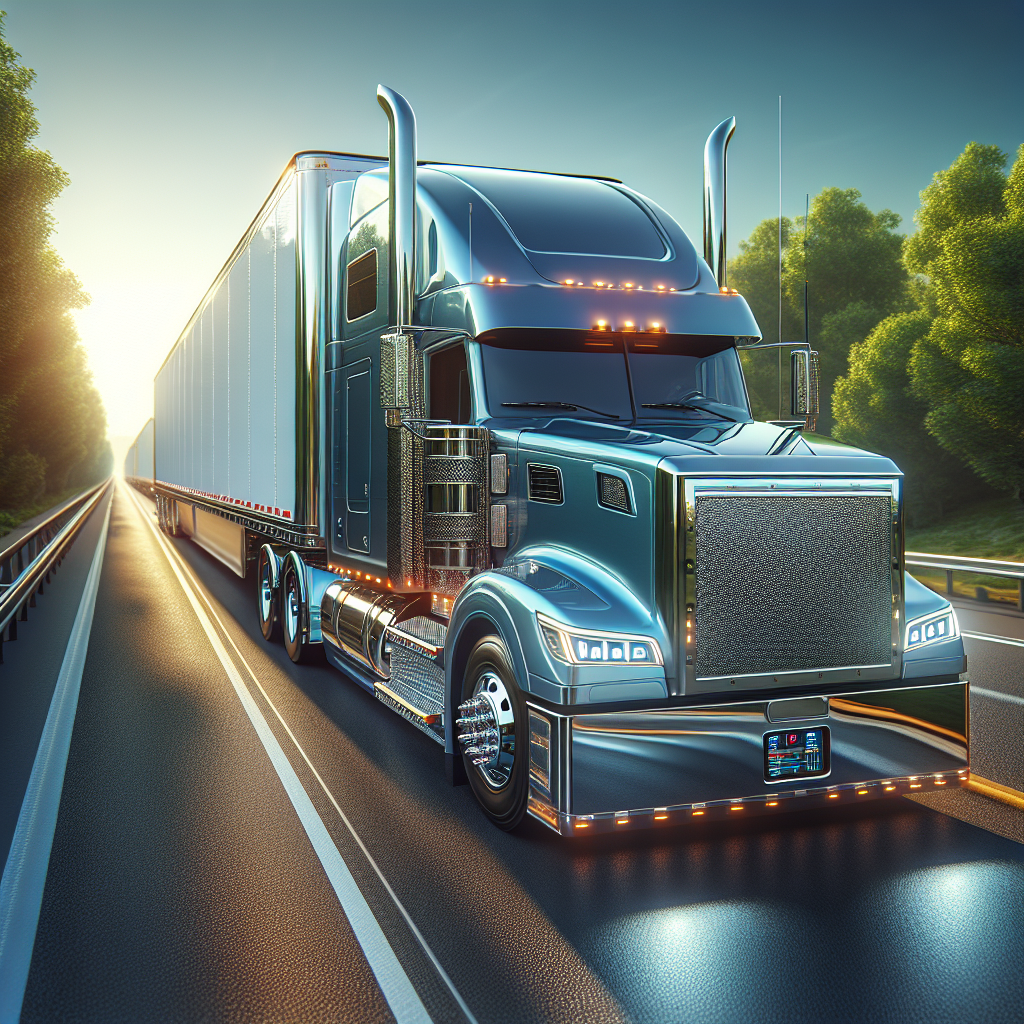 A truck and trailer on a highway with a digital Tire Pressure Monitoring System display.