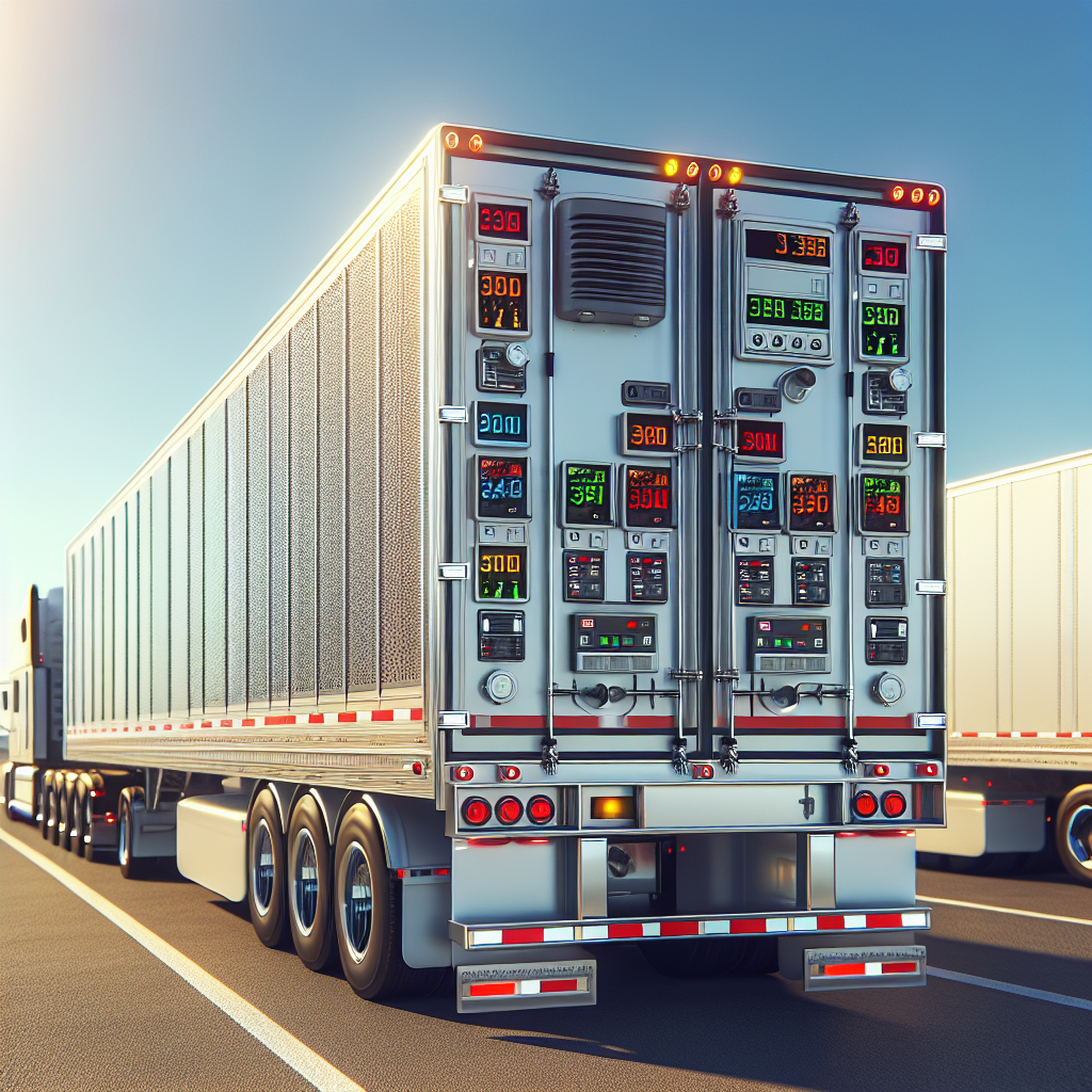 A trailer truck with temperature monitoring equipment on a highway.
