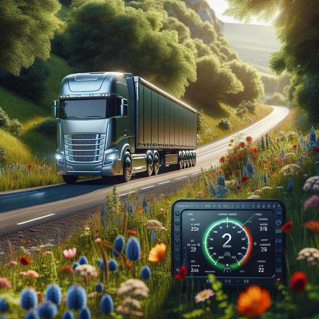 A trailer on a scenic road with a tire monitor display showing live readings.