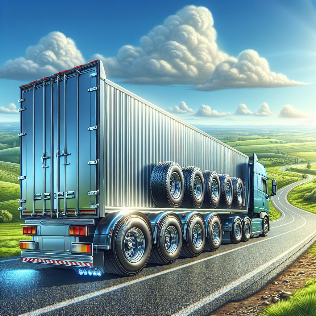 A trailer with tire monitoring sensors parked on a sunny road, showcasing its tires and a scenic countryside background.