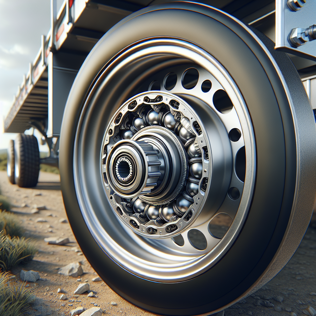Close-up of a trailer wheel assembly showing wheel bearings.