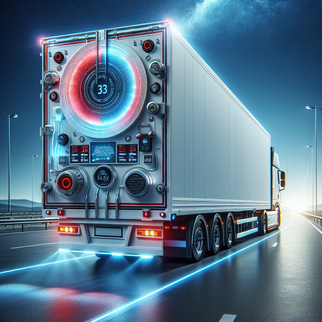 A transportation trailer with visible temperature monitoring components and a sunny road background.